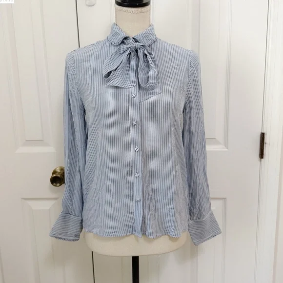 J. Crew Blue/White Striped Tie Neck Blouse Size XS - Picture 4 of 8
